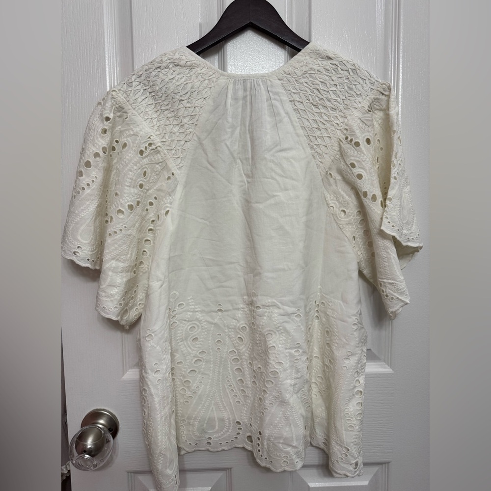 Ollari New York White Eyelet Boho Blouse | Smocked Cotton Top | Size L | NWT - Picture 6 of 6